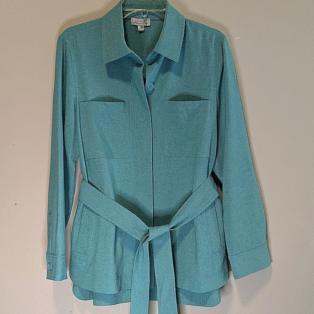 Tahari ASL Tie-Waist Shirt Jacket Sz 10 Dynasty Green Women's Dressy Casual
